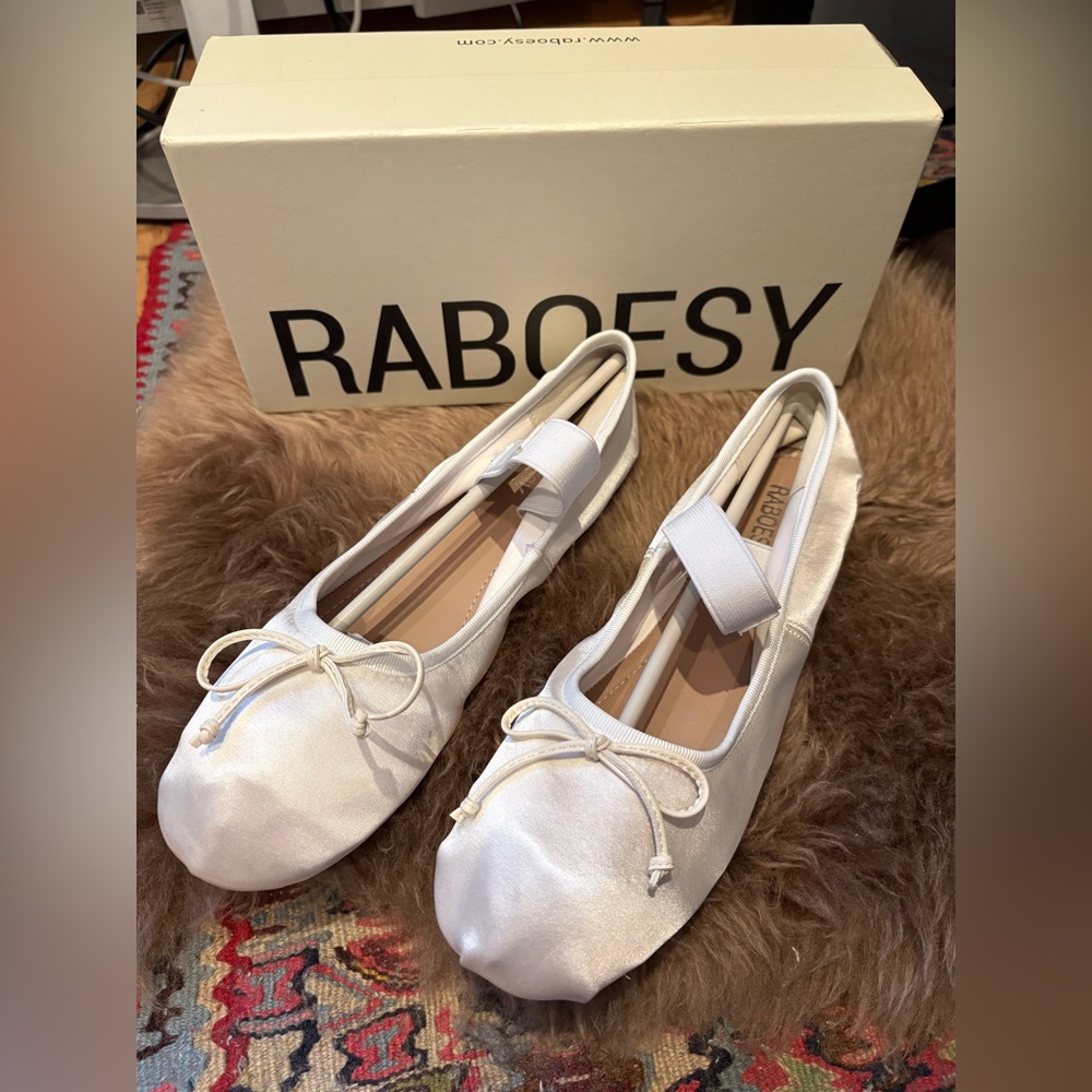 RABOESY White Satin Ballet Flats with Elastic Strap and Bow